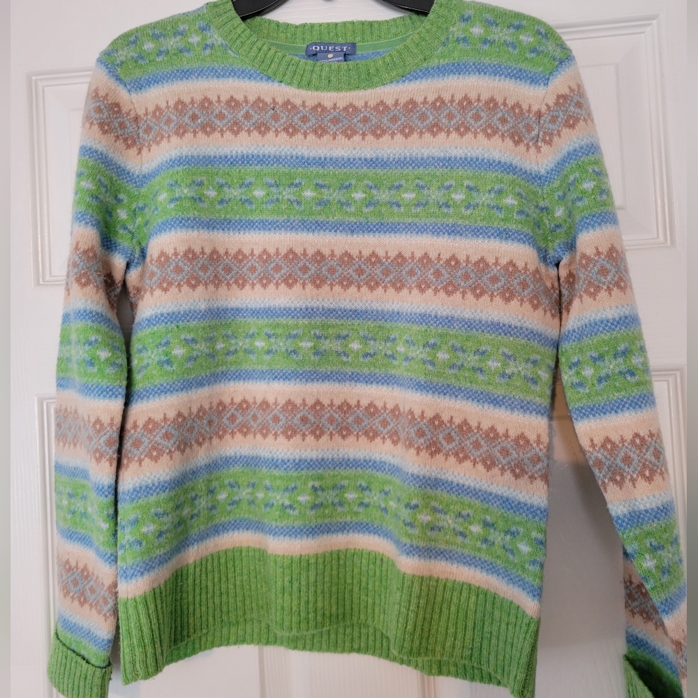 Quest Womens Lambswool Fair Isle Sweater Mint Green Long Sleeve Size Medium